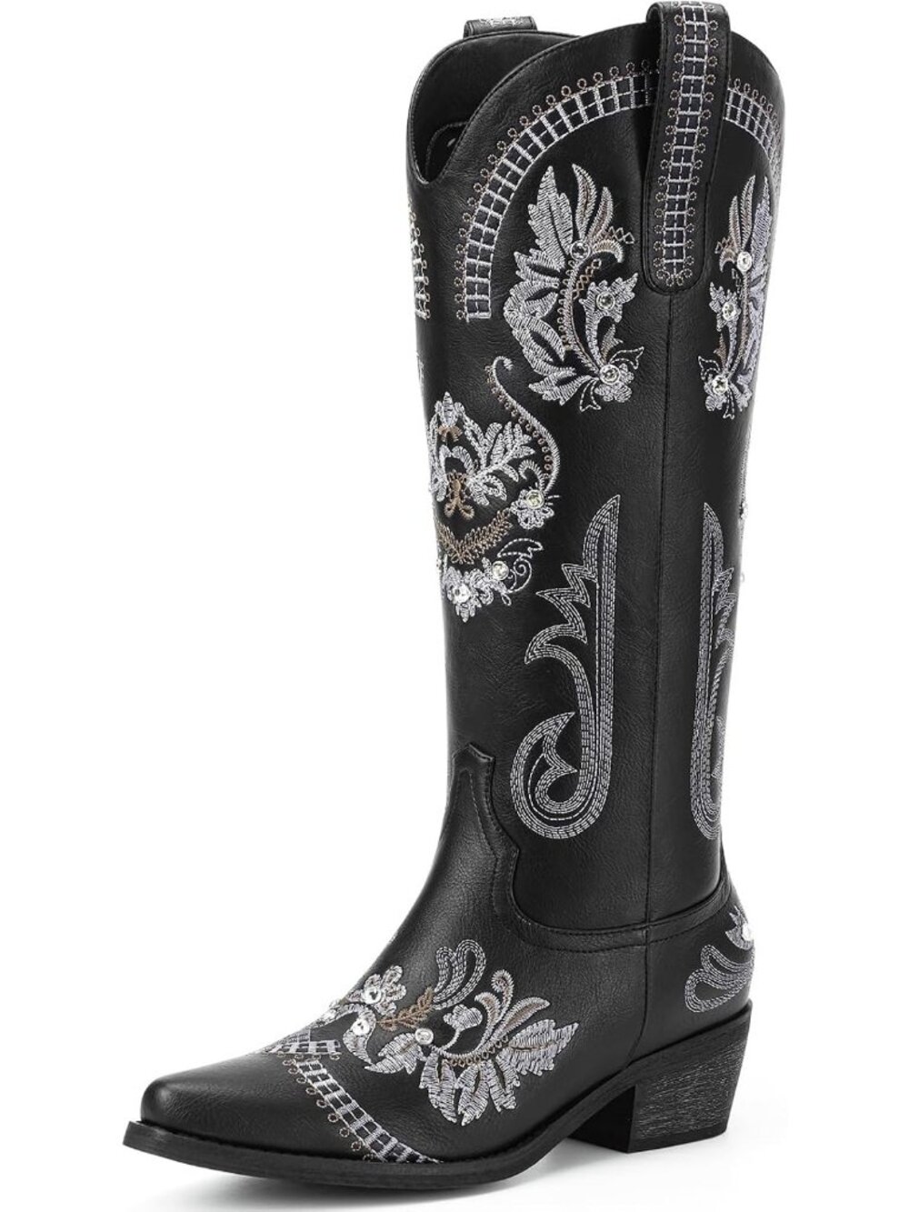 Women's Black Rhinestone Knee High Embroidered Western Chunky Cowboy Boot